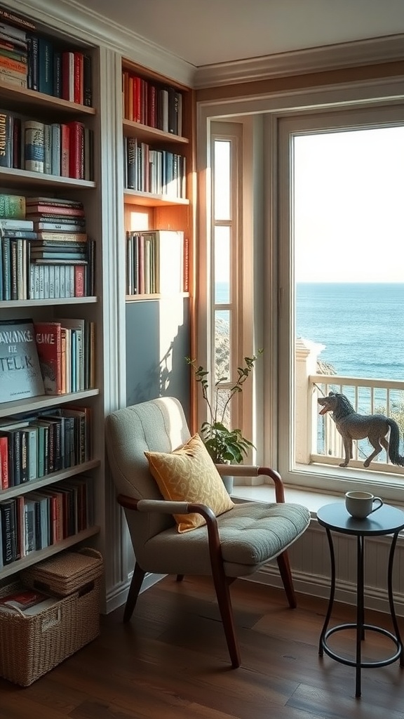 A cozy home library with bookshelves, a comfortable armchair, and a beautiful coastal view through a large window.