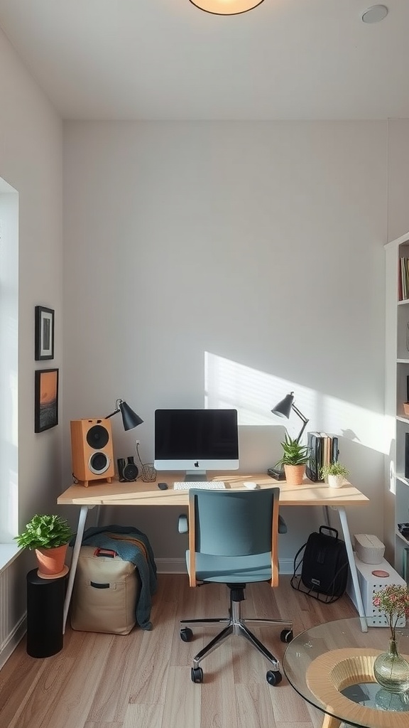 A well-organized home office with a desk, computer, plants, and a comfortable chair