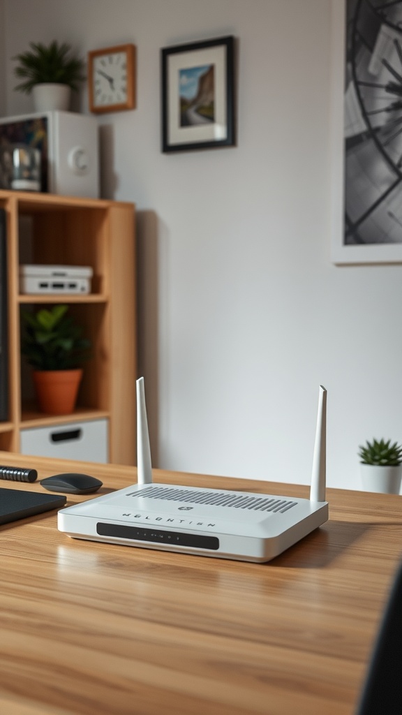 A modern router on a wooden desk in a home office setting