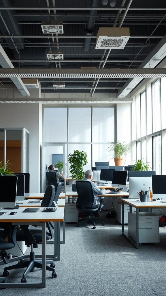 A modern home office with multiple workstations, plants, and large windows providing natural light.