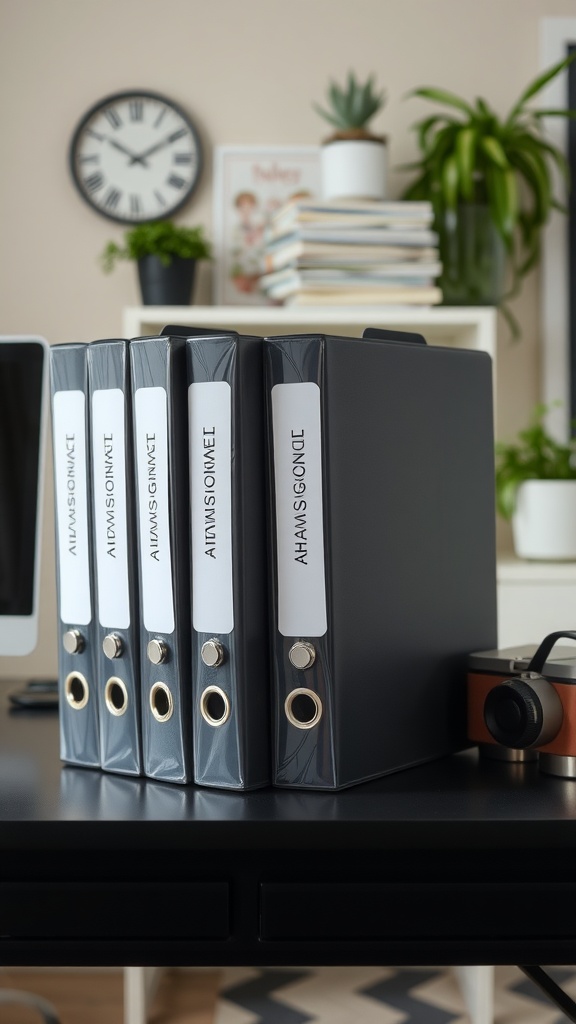 Organized binders on a desk in a home office setting