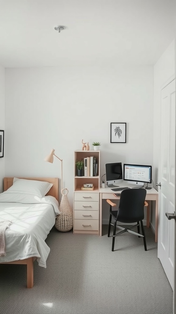 A cozy guest bedroom featuring a bed and a home office setup with a desk and computer.