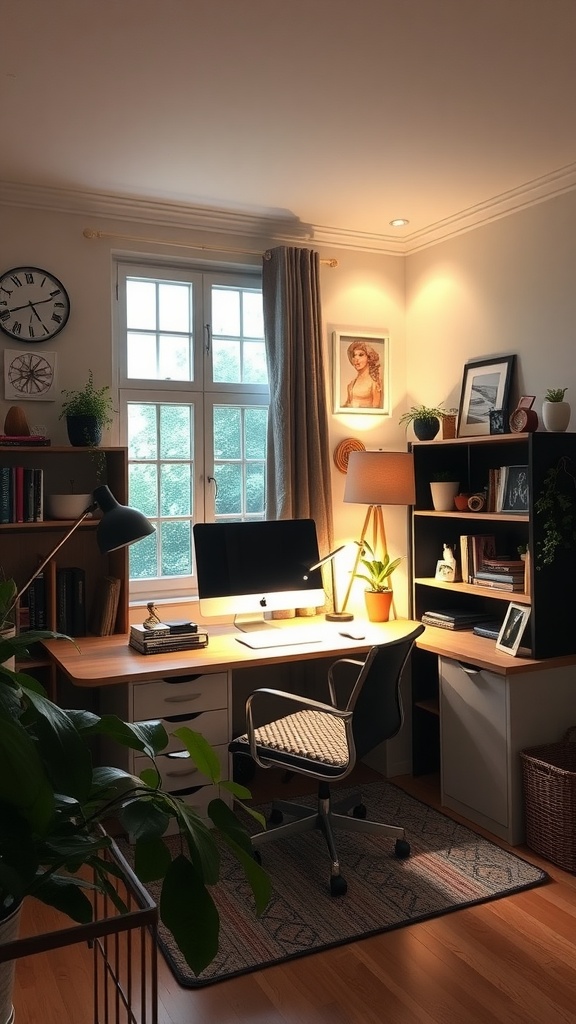 A cozy home office with a wooden desk, computer, and warm lighting, featuring plants and decor.