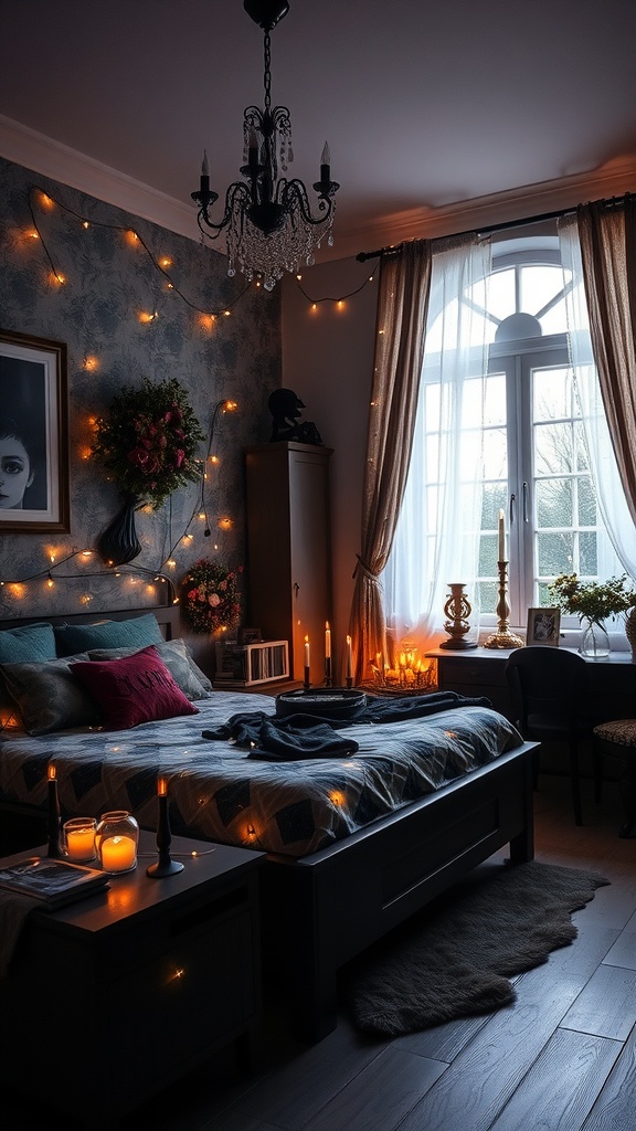 A cozy goth-inspired bedroom with fairy lights draped on the walls, a chandelier, and a romantic ambiance.