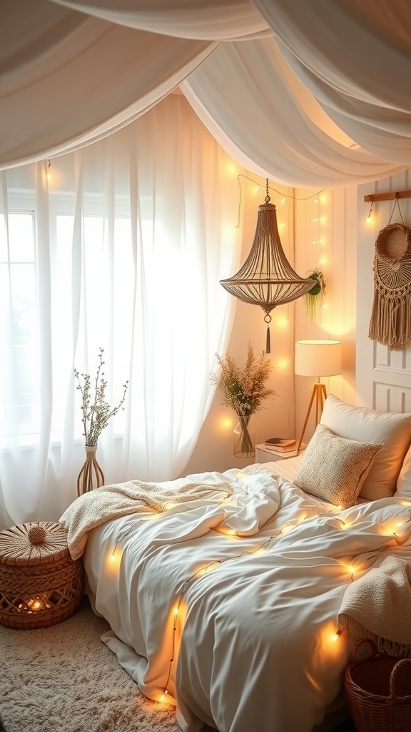 A cozy bedroom with white drapes, fairy lights, and a warm atmosphere