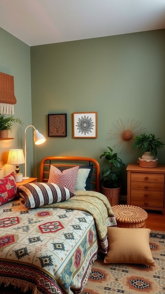 A cozy ethnic-inspired bedroom featuring a sage green wall, a patterned bedspread, and various decorative elements.