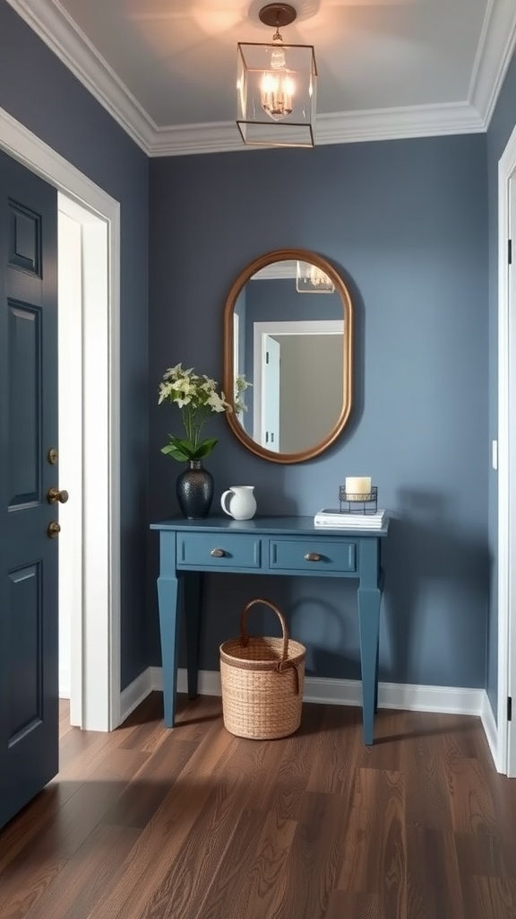 Entryway with walls painted in Evening Blue, featuring a console table, mirror, and decorative elements.