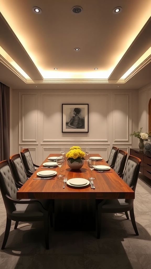 A dining room featuring evenly spaced recessed lighting, a wooden table set for dinner, and elegant decor.