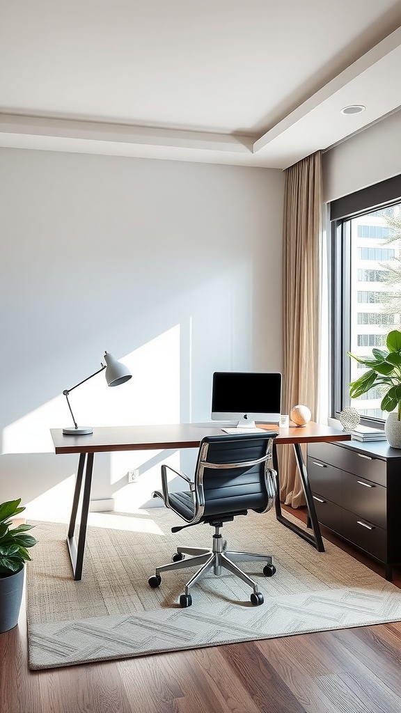 A modern executive home office featuring a sleek desk, a comfortable chair, and plants.