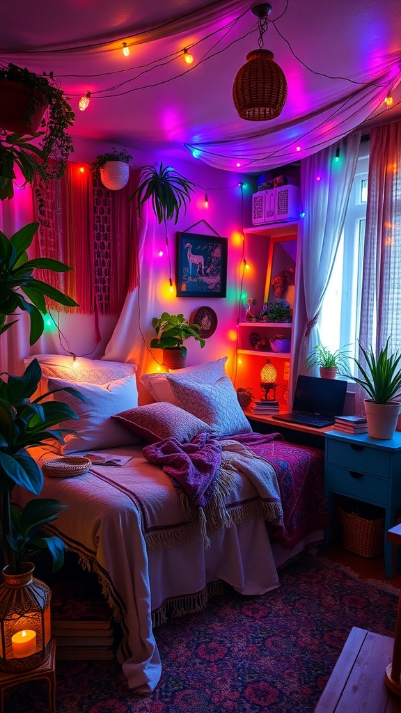 A cozy bohemian bedroom featuring colorful fairy lights, plants, and textured fabrics.