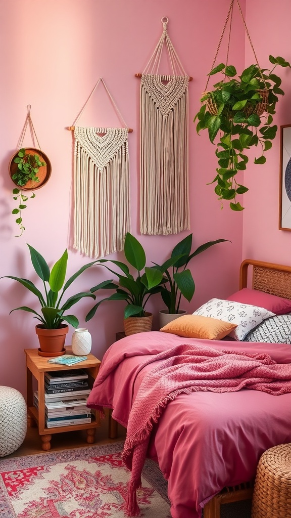 A cozy bedroom featuring pink walls, a light blue bedspread, colorful pillows, and various potted plants, embodying a boho style.