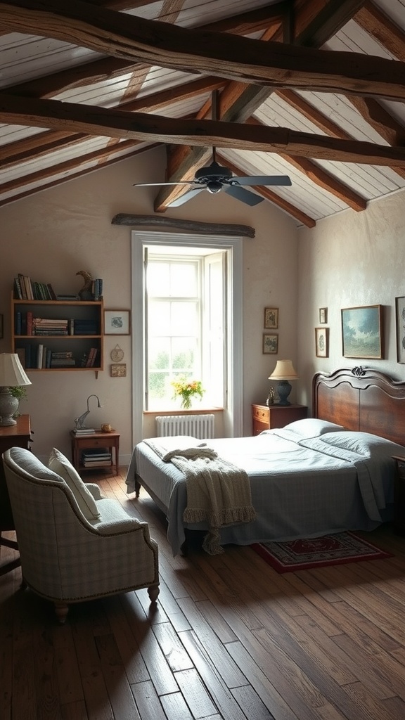 A cozy bedroom featuring exposed wooden beams, a bed with light linens, wooden furniture, and a warm, inviting atmosphere.