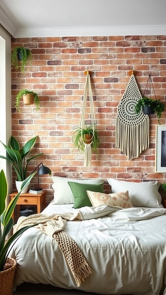 A cozy bedroom featuring an exposed brick wall, adorned with hanging plants and cozy boho decor.