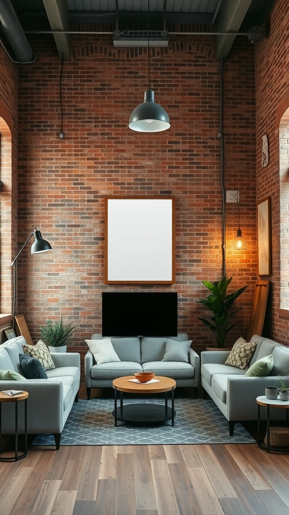 An industrial living room featuring exposed brick walls, modern furniture, and cozy lighting