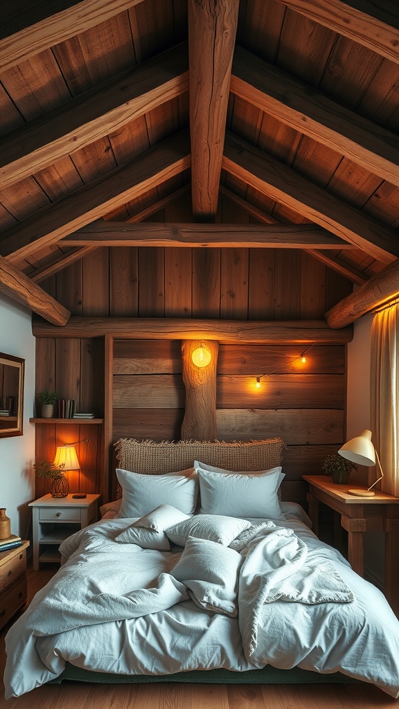 A cozy rustic bedroom with exposed wooden beams and soft bedding.