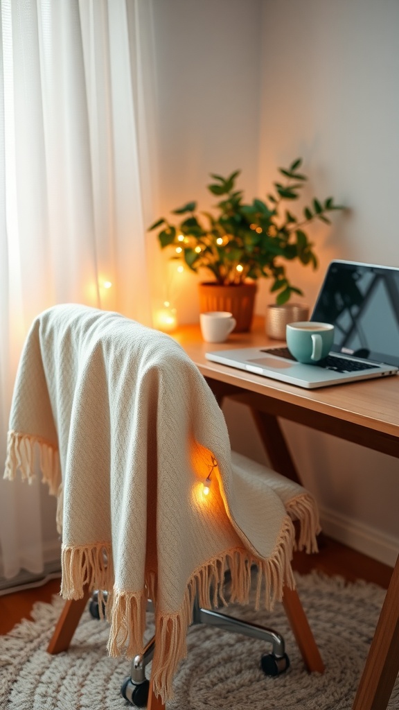 A cozy desk setup featuring a chair with a warm blanket, fairy lights, a laptop, a plant, and a cup.