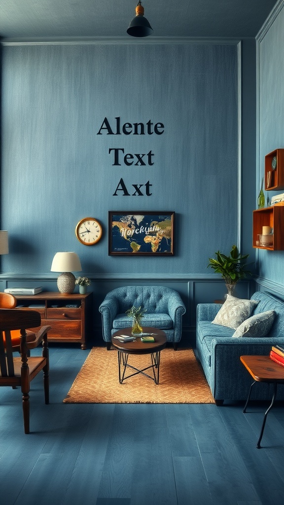 Living room painted in Faded Denim color with cozy furnishings and decor.