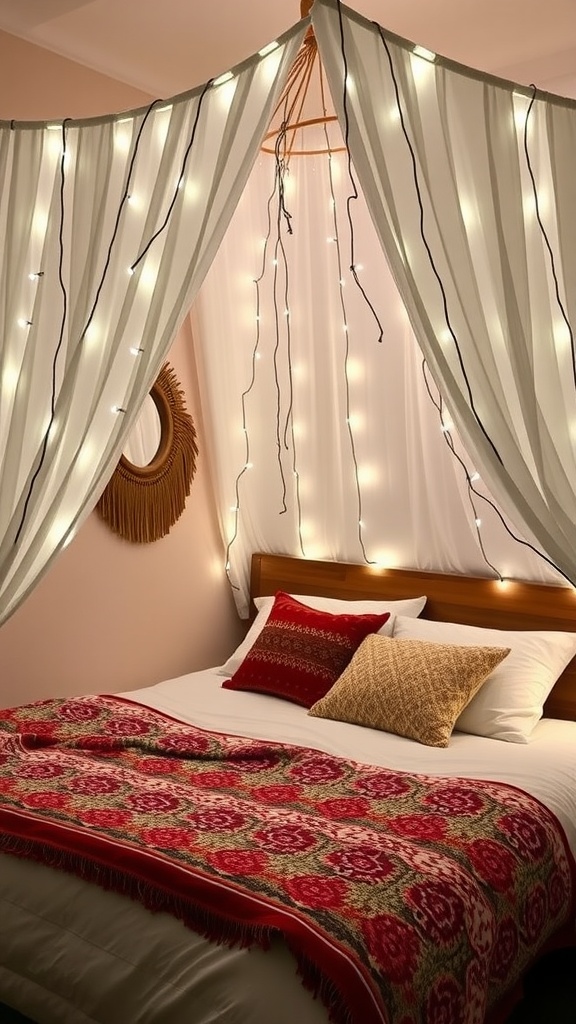 A cozy boho-style bedroom featuring a canopy of fairy lights above the bed, with a colorful patterned blanket.