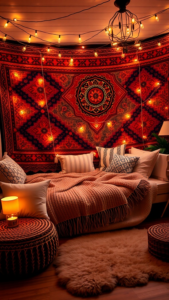 A cozy boho bedroom with fairy lights and a vibrant tapestry