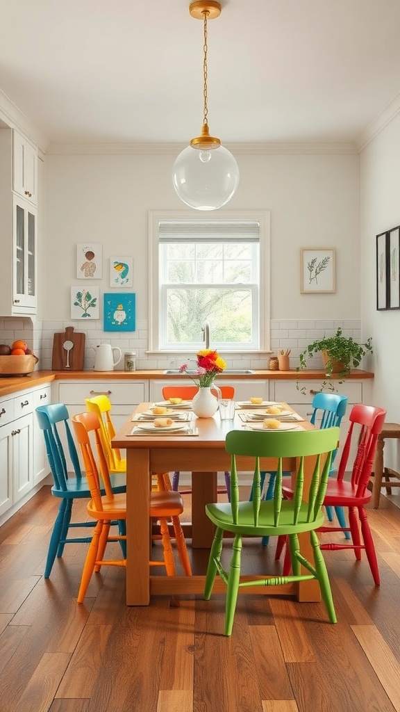 A bright and colorful kitchen nook with a wooden table and vibrant chairs.