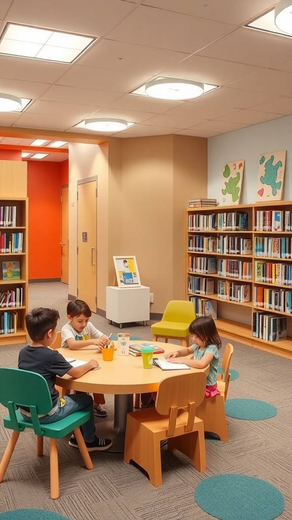 Bright family-friendly library with tables, bookshelves, and children engaging in activities.