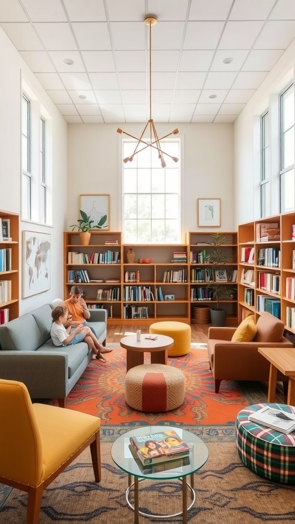 A cozy family-friendly reading nook with children reading and chatting, featuring bookshelves and comfortable seating.