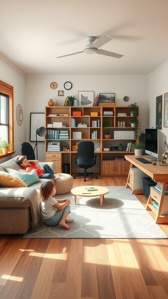 A family-friendly home office featuring a couch where children are playing while an adult works.