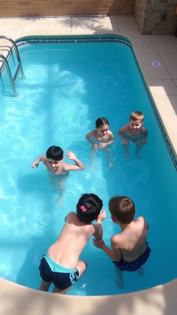 A group of children playing in a family-friendly pool, featuring a water slide and beach ball.