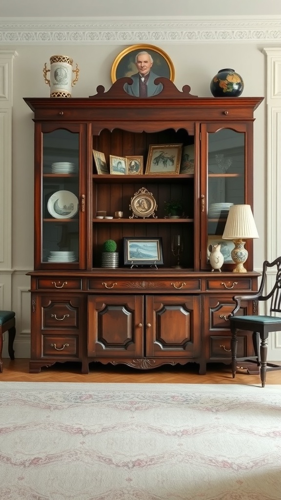 A wooden cabinet displaying family heirlooms including a portrait, decorative plates, and other vintage items.