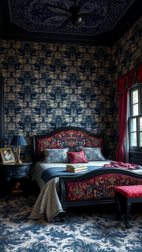 A gothic-style bedroom featuring dark floral wallpaper, a bed with ornate details, and elegant decor