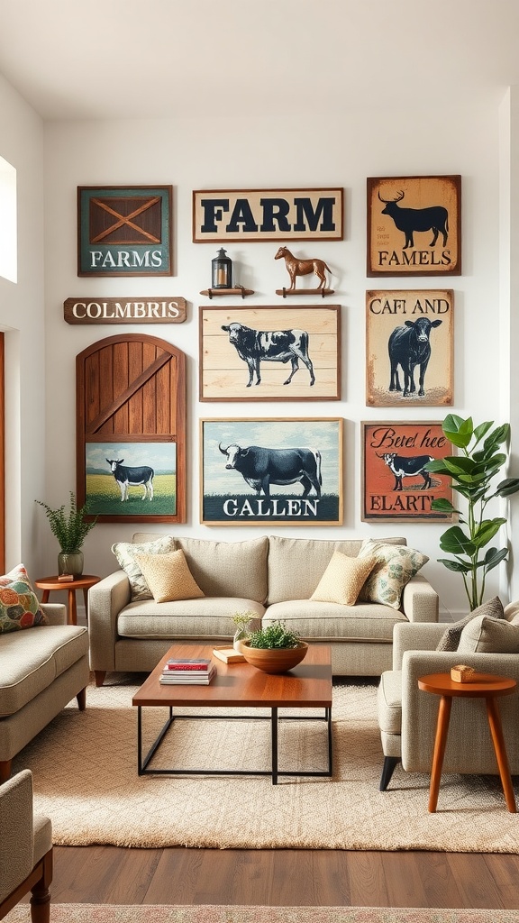 A living room with farm-themed wall art featuring various wooden signs and animal illustrations.