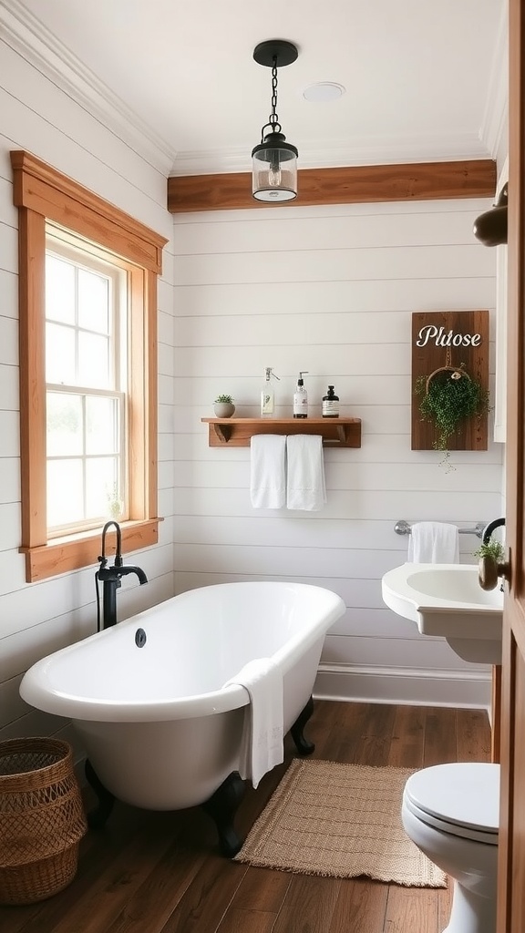A cozy farmhouse bathroom featuring a freestanding tub, shiplap walls, and wooden accents.