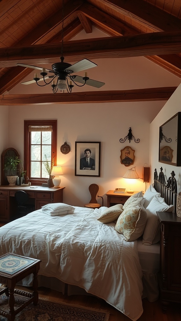 A cozy master bedroom featuring rustic beams, vintage decor, and soft neutral bedding.