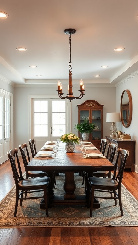 A cozy dining room featuring a large wooden table, wooden chairs, recessed lighting, and a chandelier