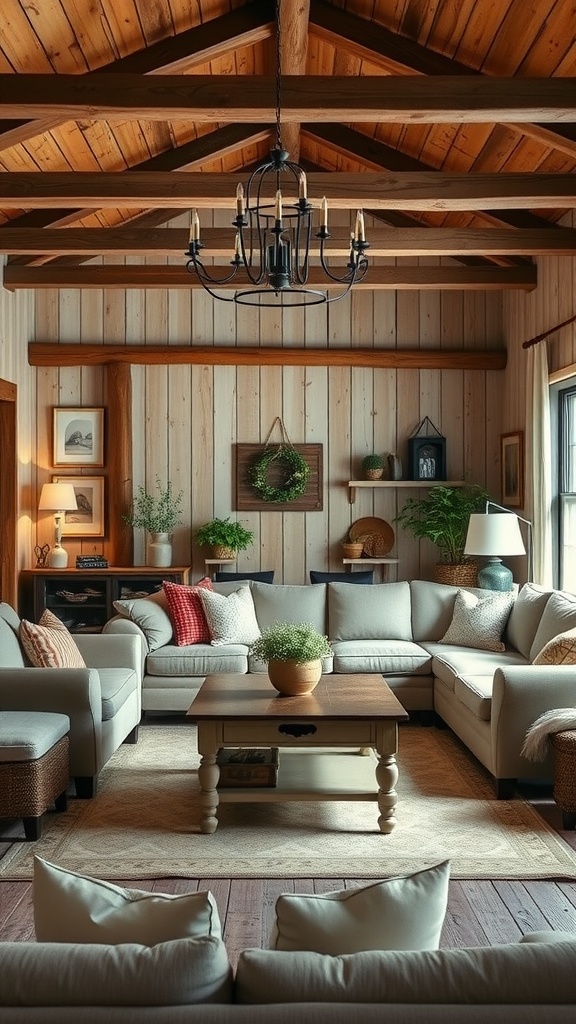 Cozy rustic farmhouse living room with wooden beams, comfortable furniture, and natural decor.