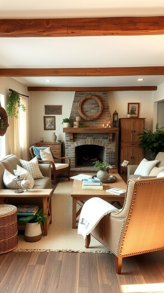 Cozy farmhouse living room with wooden beams, a stone fireplace, and comfortable seating.