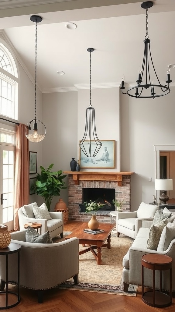 A cozy farmhouse living room with stylish lighting fixtures including a chandelier and pendant lights.