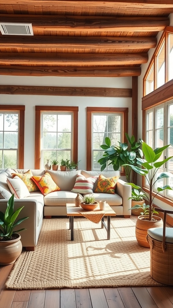 Cozy farmhouse living room with a light-colored sofa, colorful throw pillows, wooden coffee table, and potted plants