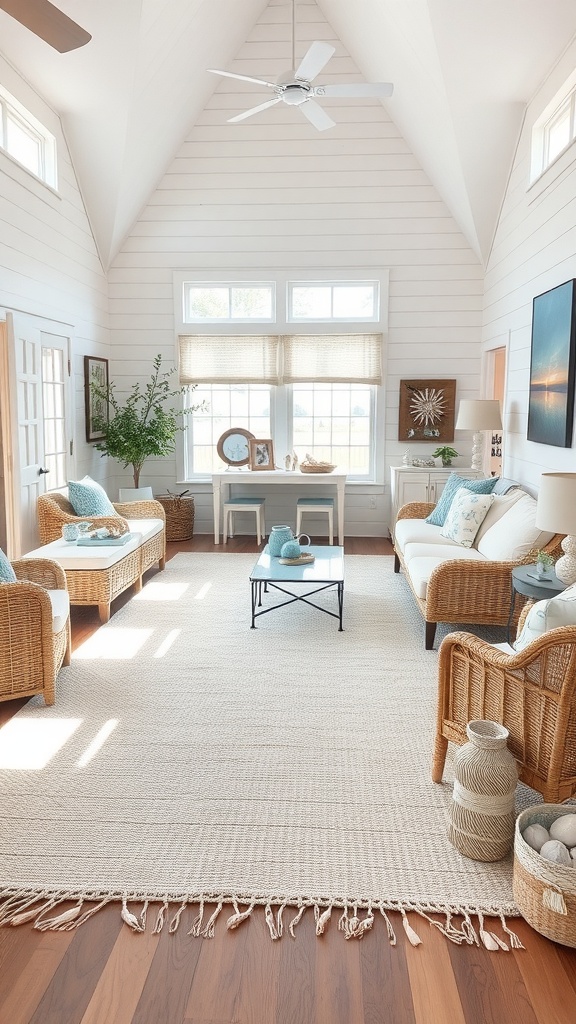 A bright and airy farmhouse living room featuring rattan furniture, blue accents, and large windows.