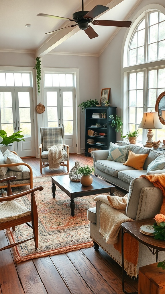 Cozy farmhouse living room with large windows, diverse seating, and warm decor.