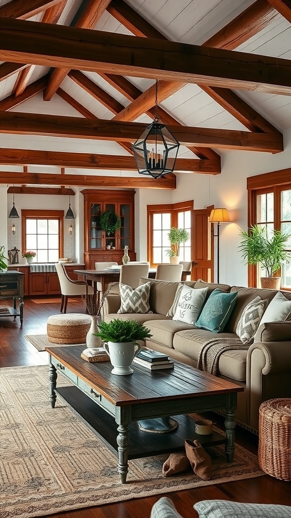 A cozy farmhouse living room featuring wooden beams, a comfortable sofa with cushions, and a rustic coffee table.