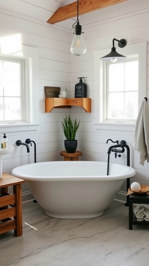 A farmhouse master bathroom featuring a freestanding tub, wooden accents, and natural light.