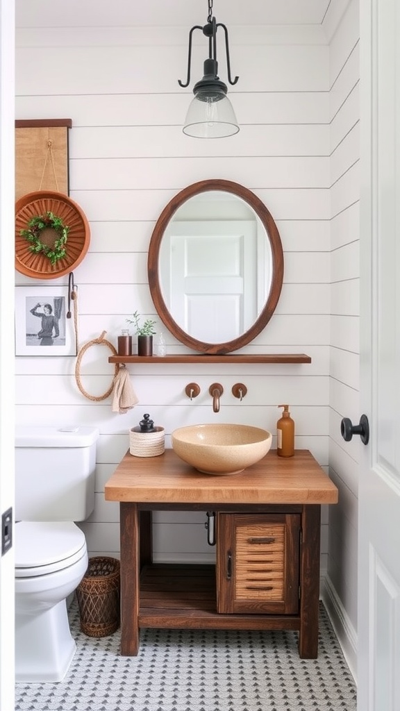 Farmhouse style powder room featuring shiplap walls, wooden sink cabinet, round mirror, and stylish decor.