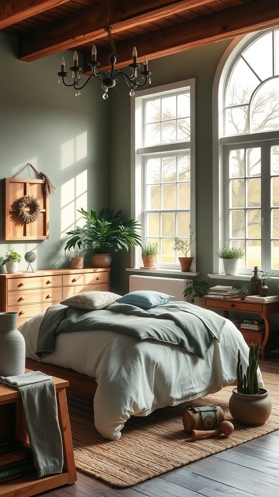 A beautifully styled farmhouse bedroom with sage green walls, wooden furniture, and natural light.