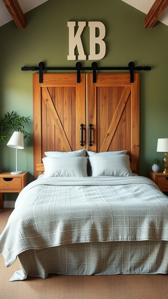 Farmhouse bedroom with sage green walls, wooden barn doors, and light bedding