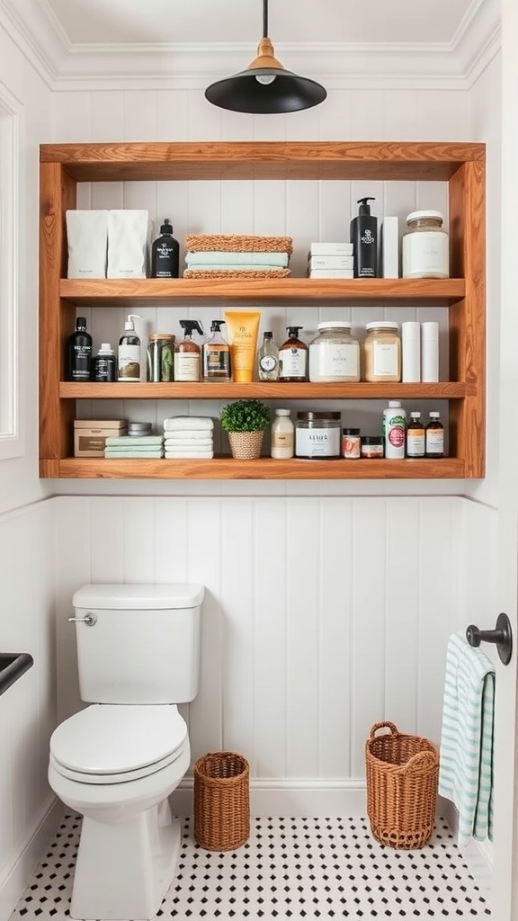 A well-organized farmhouse bathroom storage space featuring wooden shelves with various bath products and towels.