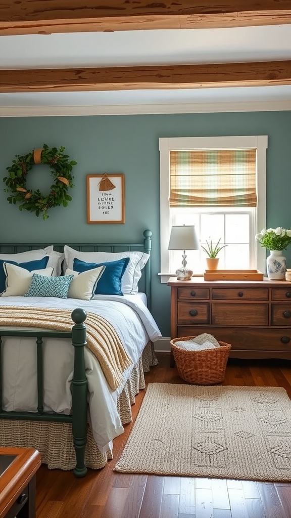 A cozy farmhouse bedroom with teal walls, wooden furniture, and natural decor.