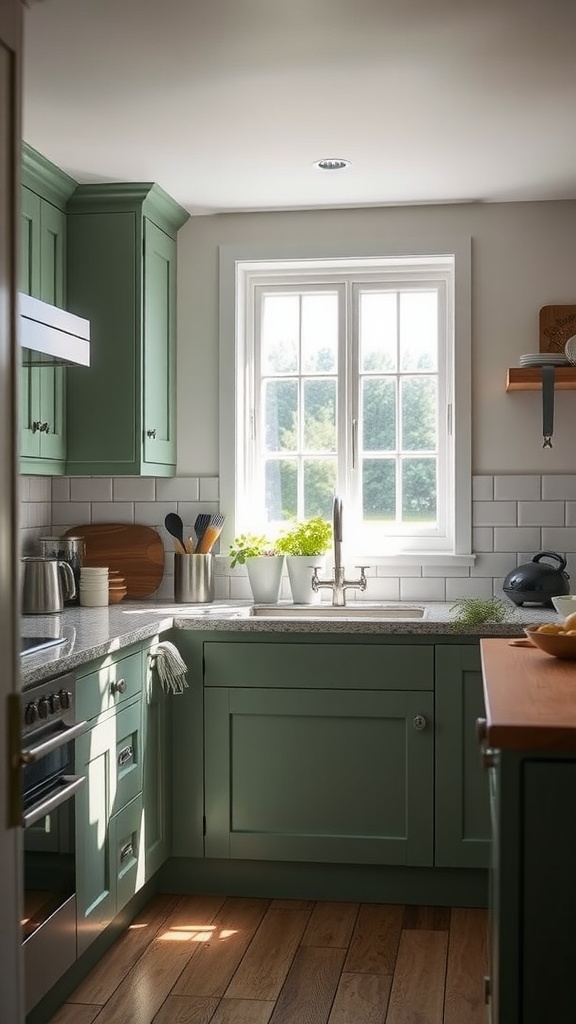 A cozy kitchen featuring sage green cabinets in Farrow & Ball Vert De Terre, complemented by wooden accents and white subway tiles.