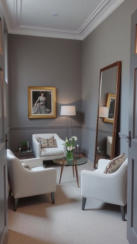 A stylish small room painted in Farrow & Ball's Down Pipe with elegant white furniture and decor