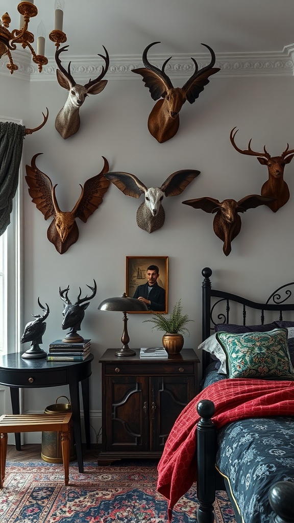 A bedroom with a wall displaying various taxidermy animal heads, a stylish bed, and vintage furniture.